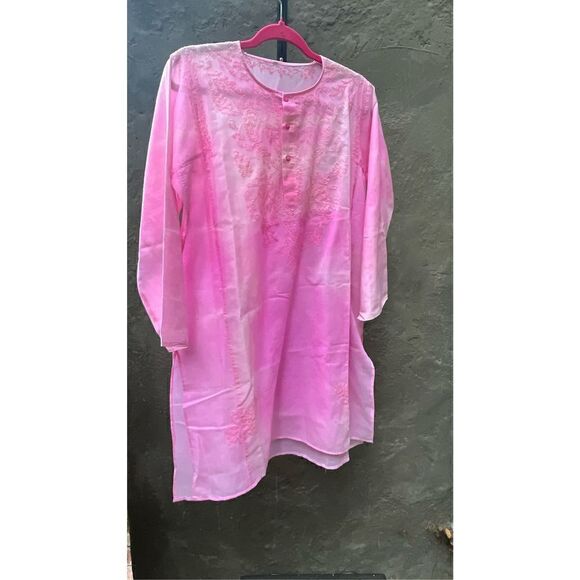 PINK TIE DYE SEMI SHEER COTTON CAFTAN COVERUP EMBROIDERED LONG KURTA TOP L/XL - Picture 12 of 15